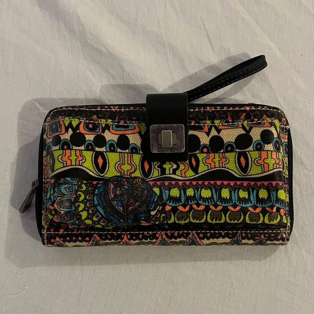 Sakroots neon and black zip wristlet wallet